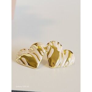 Gold Tone Heart Stud Earrings with White Enamel Drip Accent Lovecore Jewelry
